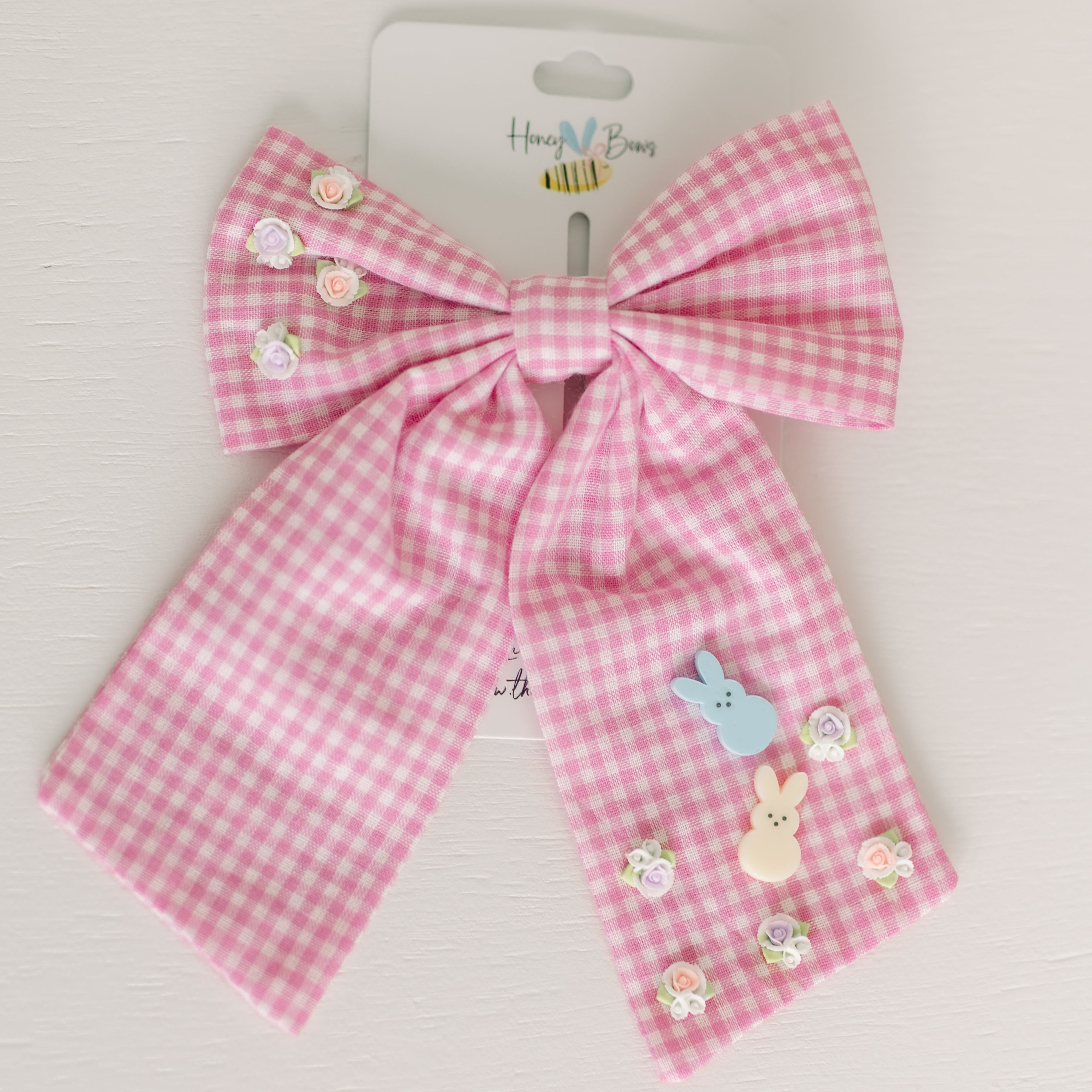 Beaded Pink Gingham Easter Bunny Bow